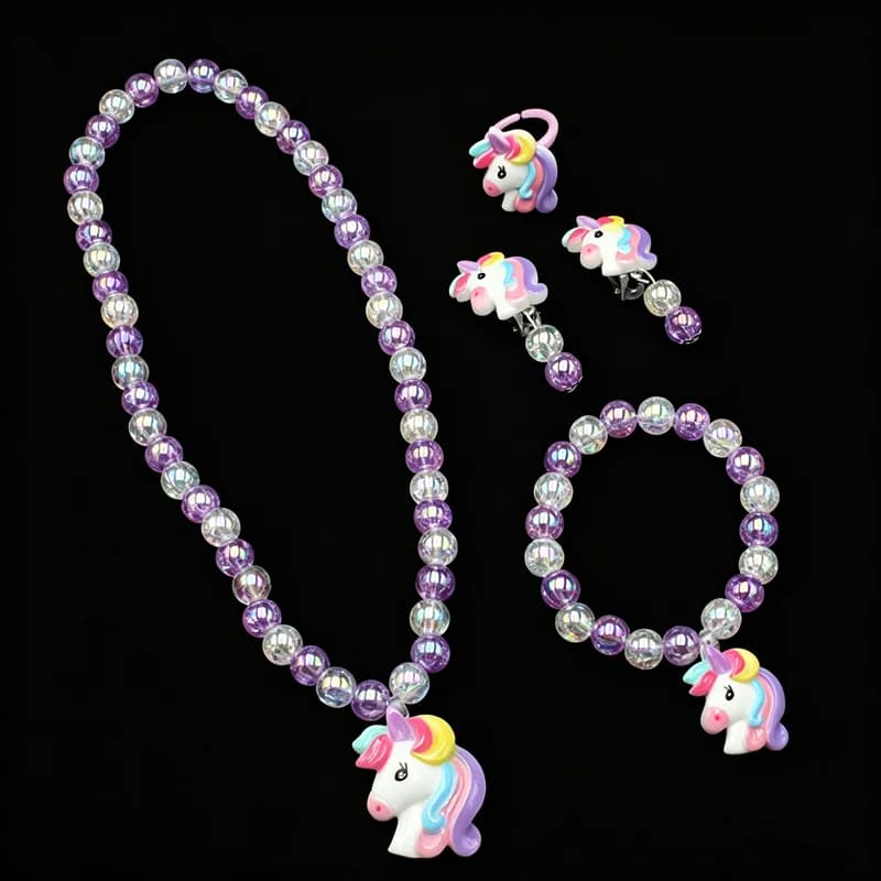 Set di gioielli per bambini a forma di unicorno - Collana, bracciale, orecchini e anello con perline in resina, kit da 4 pezzi per vestire da principessa le piccole bambine