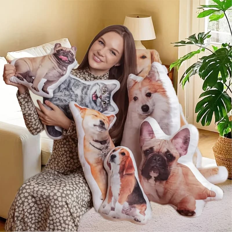 Cuscino personalizzato per animali domestici con immagini del prodotto - graziosi motivi 3D stampati di cani e gatti, morbido materiale in peluche, realistici su entrambi i lati.