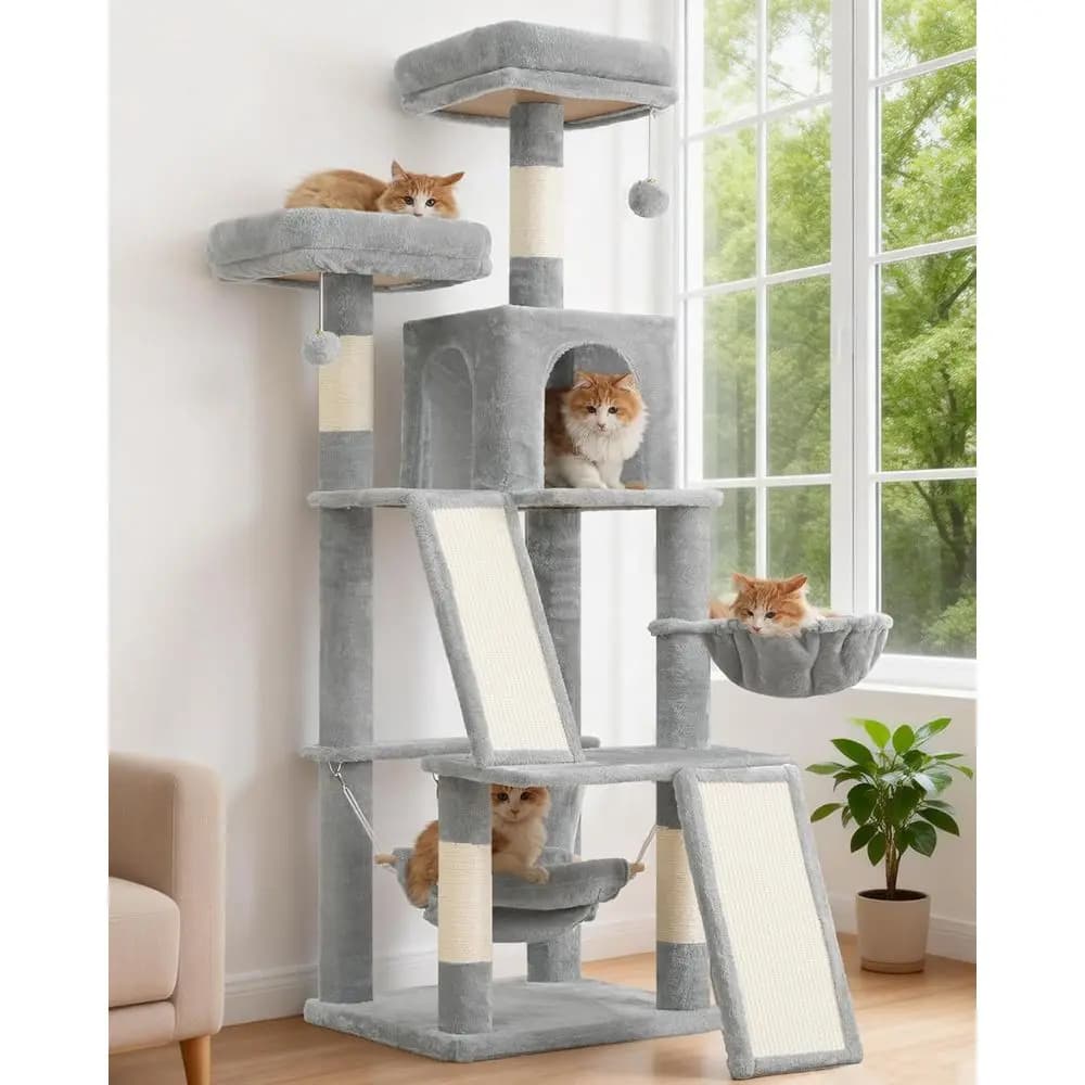Torre per Gatti da Interno con 2 Posti per Tirare, Piattaforme in Peluche, Amaca e Cestino - Grigio Chiaro