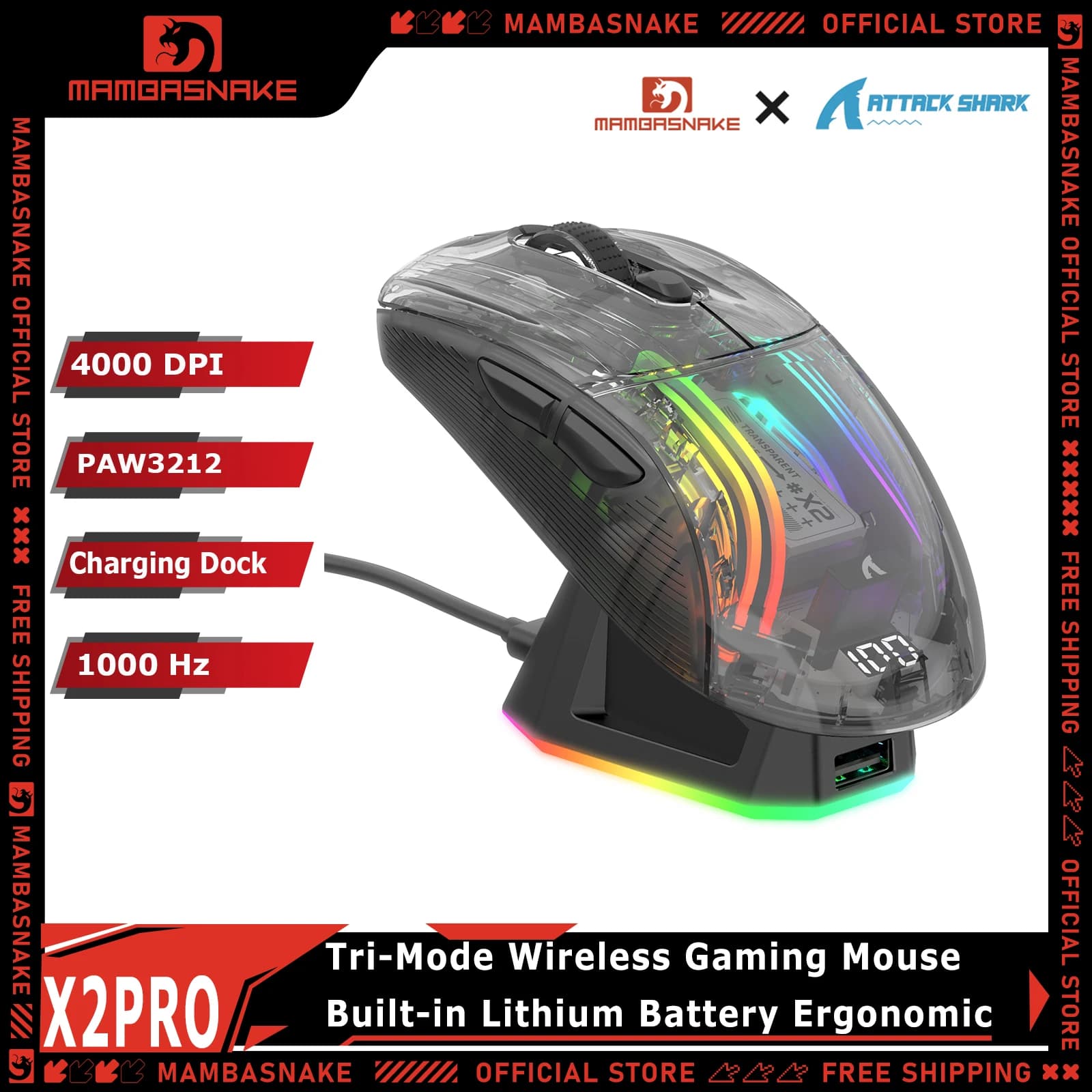 ATTACK SHARK X2 PRO Tri Mode Wireless Transparent Gaming Mouse PAW3212 4000DPI RGB Magnetic Charging Dock OLED Power Display RGB