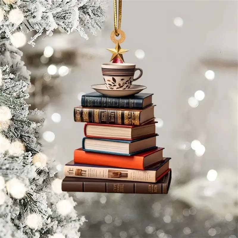 Ornamento per albero di Natale 2D Stampa piatta in acrilico Libri Ciondolo Casa Albero Finestra Decorazione appesa Regalo per gli amanti dei libri Libro creativo