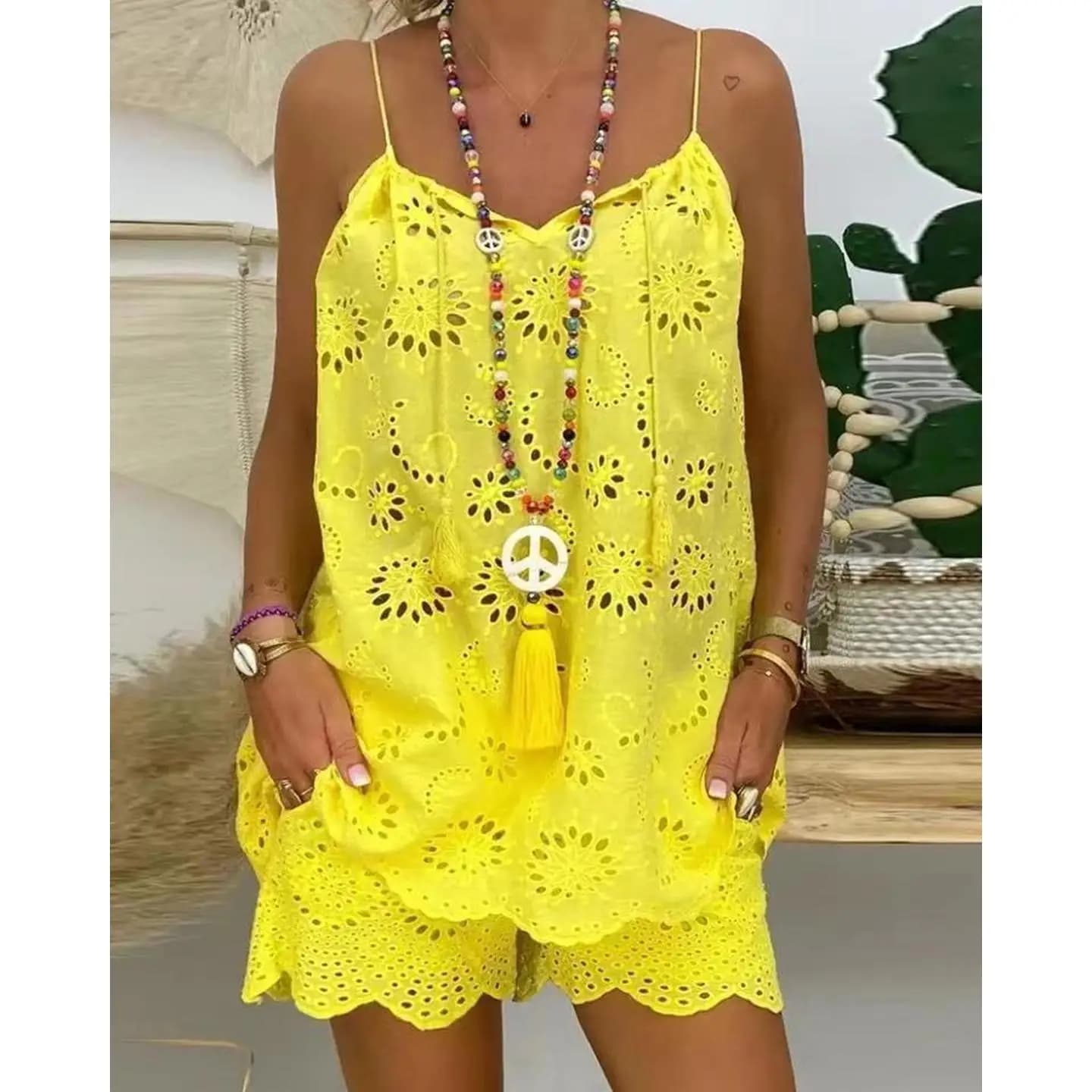 Women's Summer Hollow out Strap Vest And Shorts Set with Lace Trim Fashionable Two Piece Outfit for Ladies