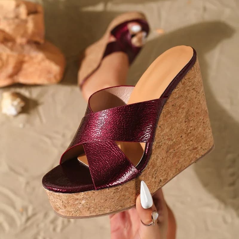 Aneikeh 2026 Summer slippers with Zeppa and Strap Crossed Red Wine, thick sole Effect Wood, Waterproof, Fashion, with Plateau, Beach