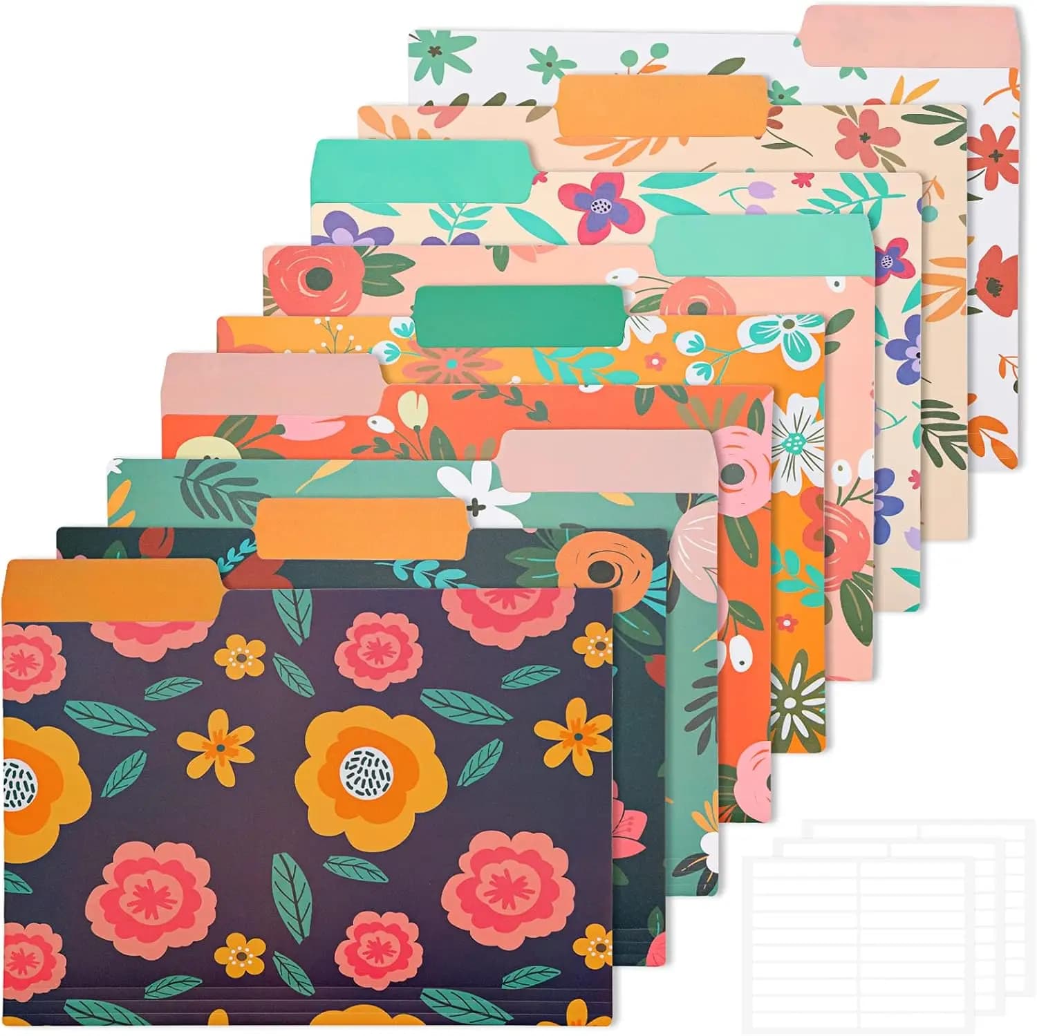 9 Pack Decorative File Folders Letter Size, Plastic with Floral Patterns, Erasable Labels for Office School Supplies
