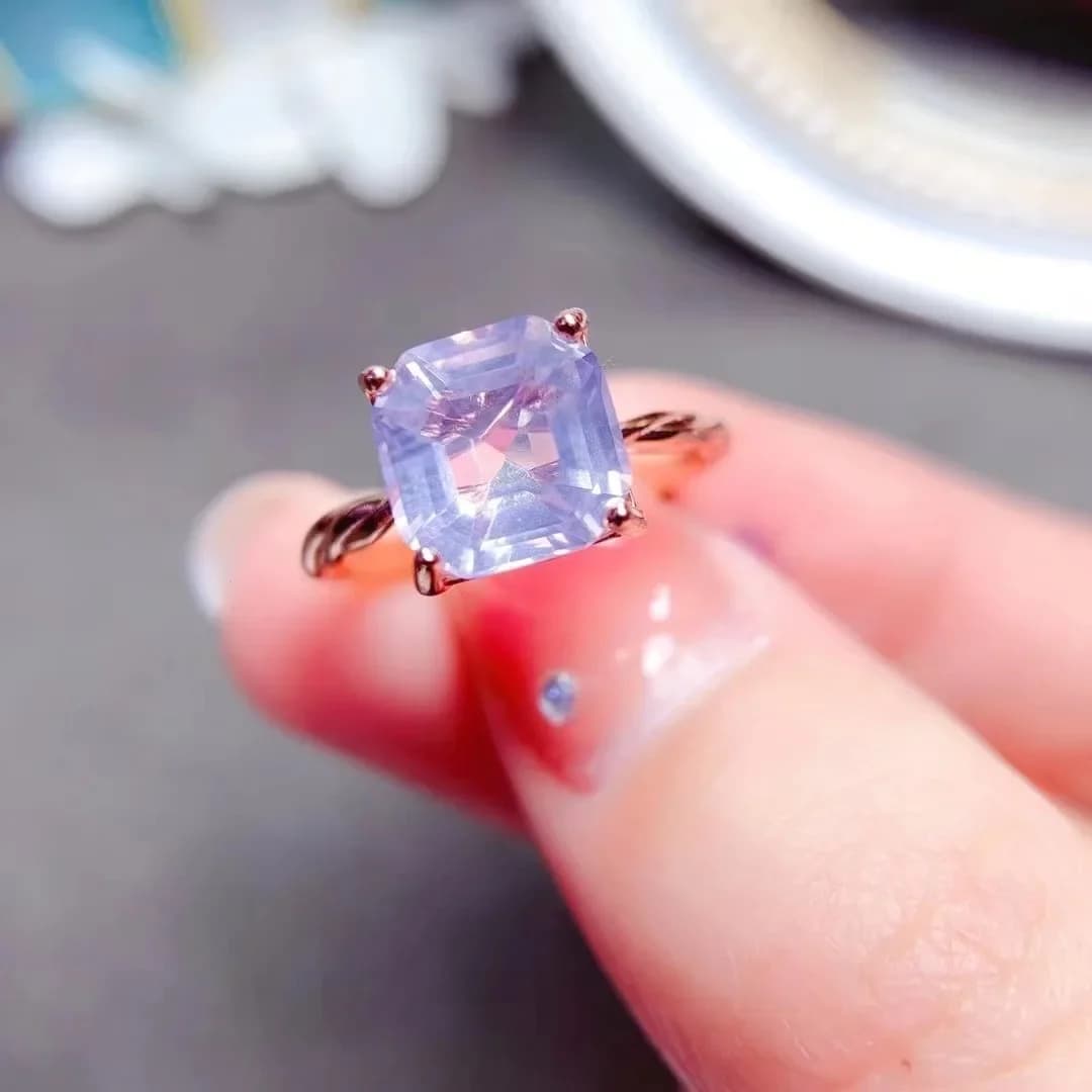 Ring with natural amethyst 100% 8mm * 8mm 2ct Lavender Amethyst 925 Silver Ring Simple 18K gold plating Crystal Jewelry