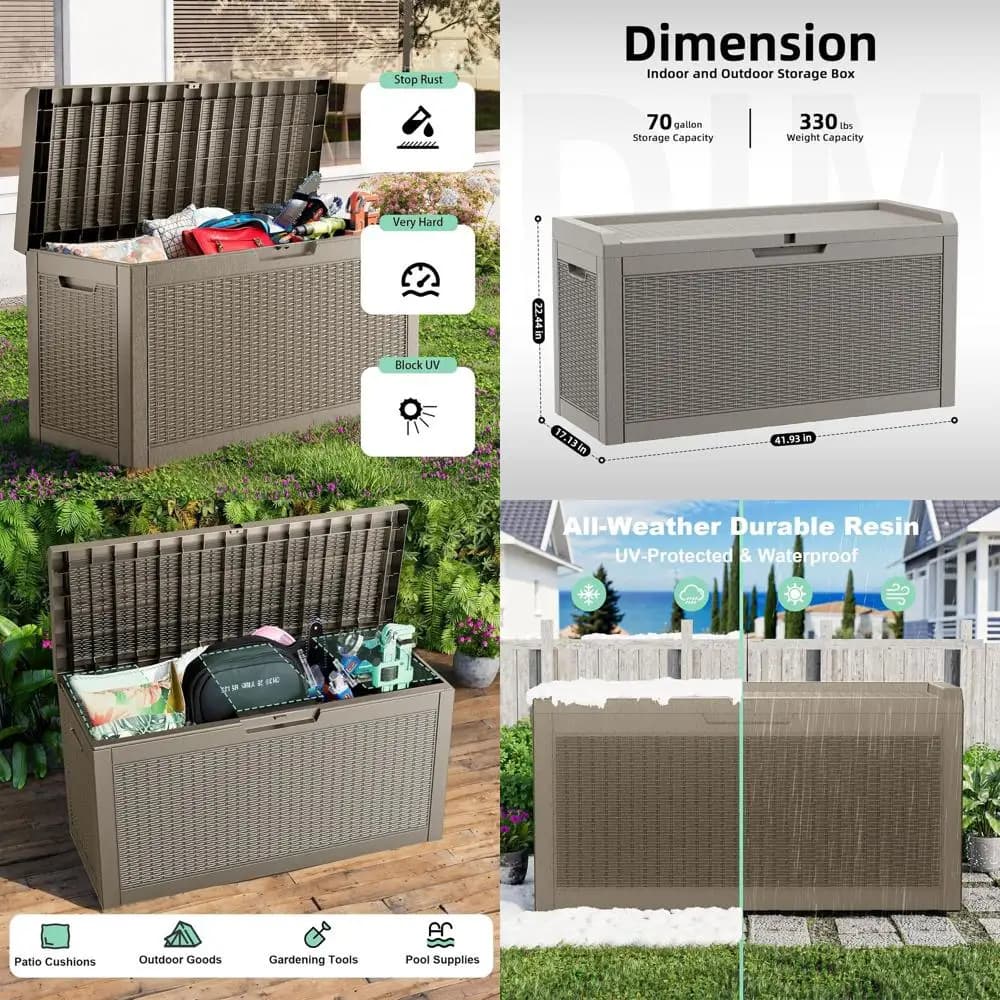 Contenitore da Esterno Impermeabile e Chiudibile da 70 Galloni per Mobili da Giardino, Accessori per Piscina e Attrezzi da Giardinaggio (Grigio)