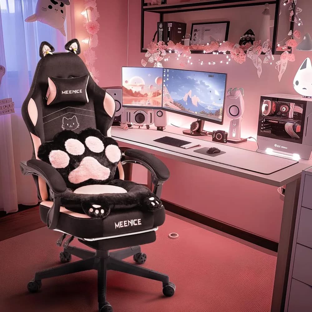 Sedia da gioco rosa, simpatico cuscino in vita con artiglio per orecchie di gatto, sedia ergonomica per computer con poggiapiedi, sedia da gioco per computer reclinabile