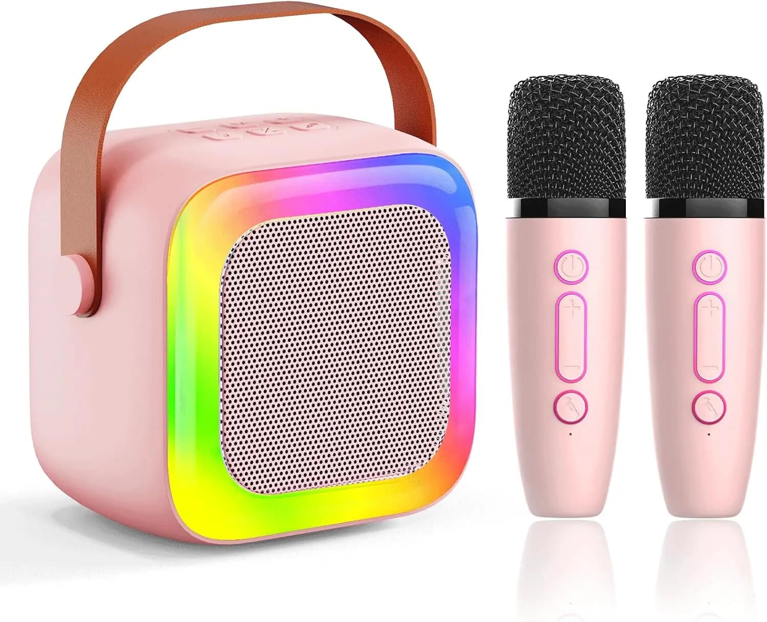Mini macchina per karaoke per bambini adulti, macchina per karaoke per bambini con 2 microfoni wireless e giocattolo con luce a LED, ideale per regali per feste