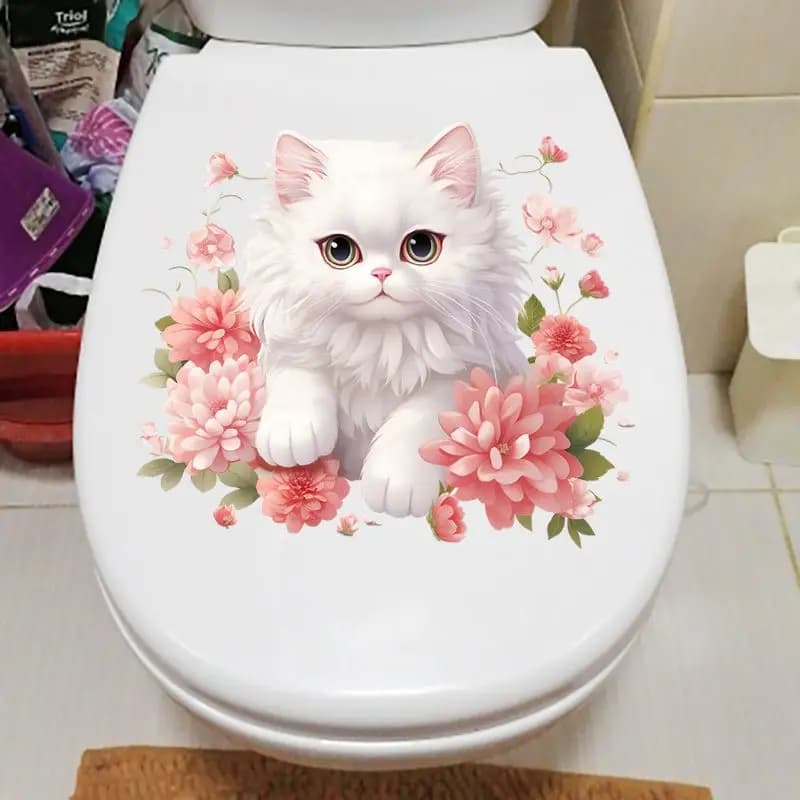 MT06 # Gatto bianco in fiori Simpatico cartone animato autoadesivo Decorazione domestica Adesivi murali WC Impermeabile