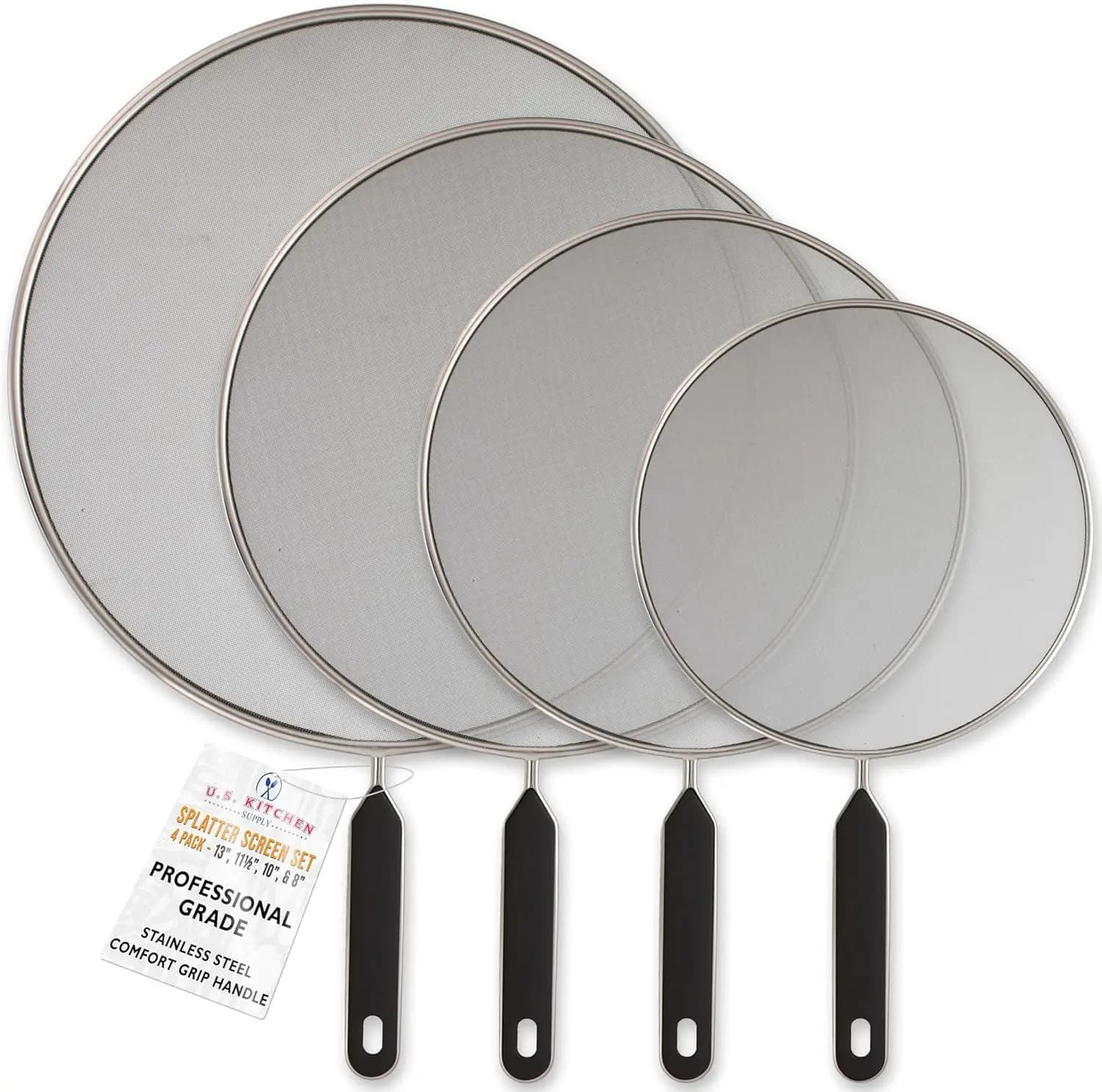 Set di 4 Paraspruzzi in Acciaio Inox, Schermo a Maglia Fine per Padelle e Pentole, Manici Ergonomici