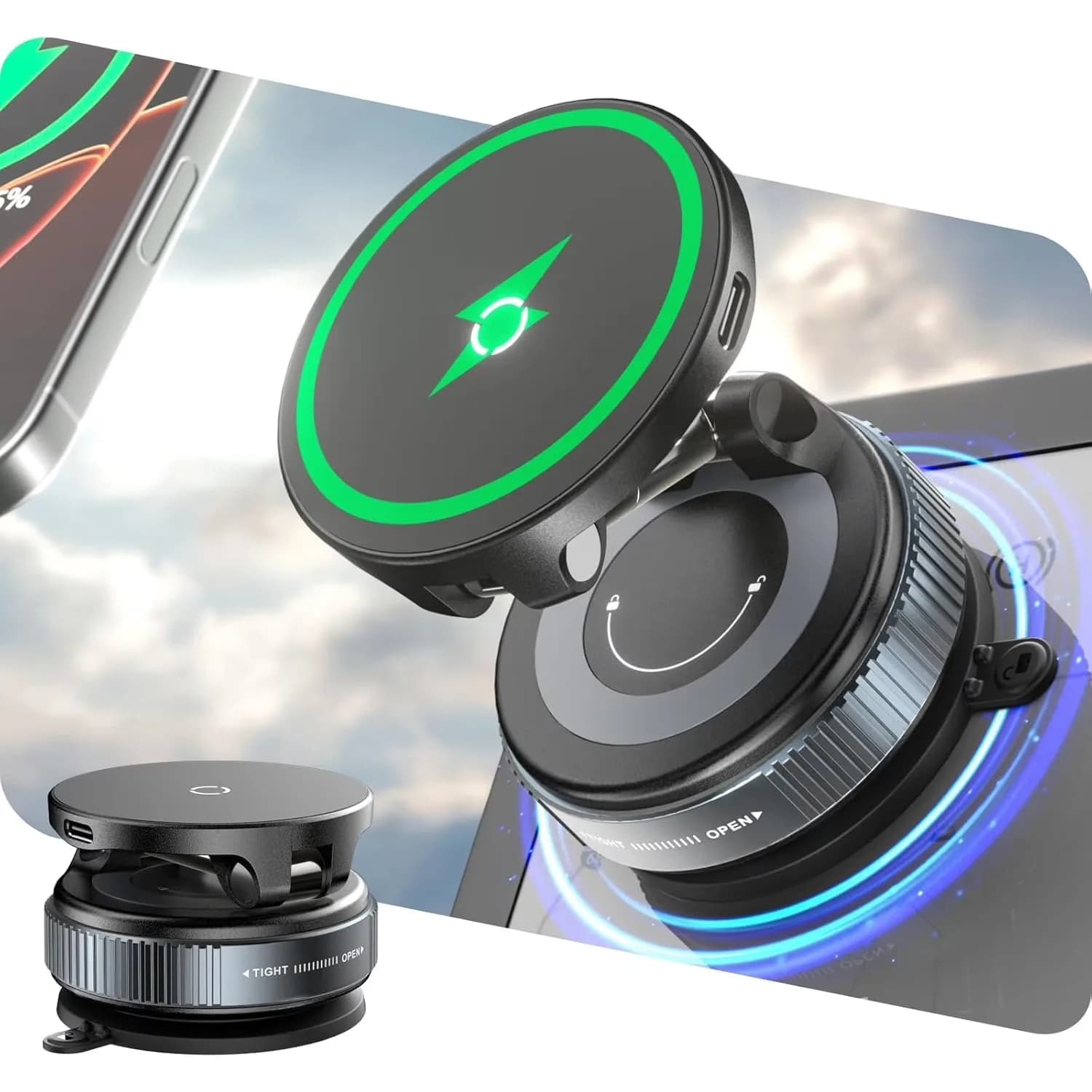 15W Wireless Fast Charger Car Phone Mount Vacuum Suction 360° Adjustable Car Magnetic Charging Holder for iPhone 17/16/15/14/13