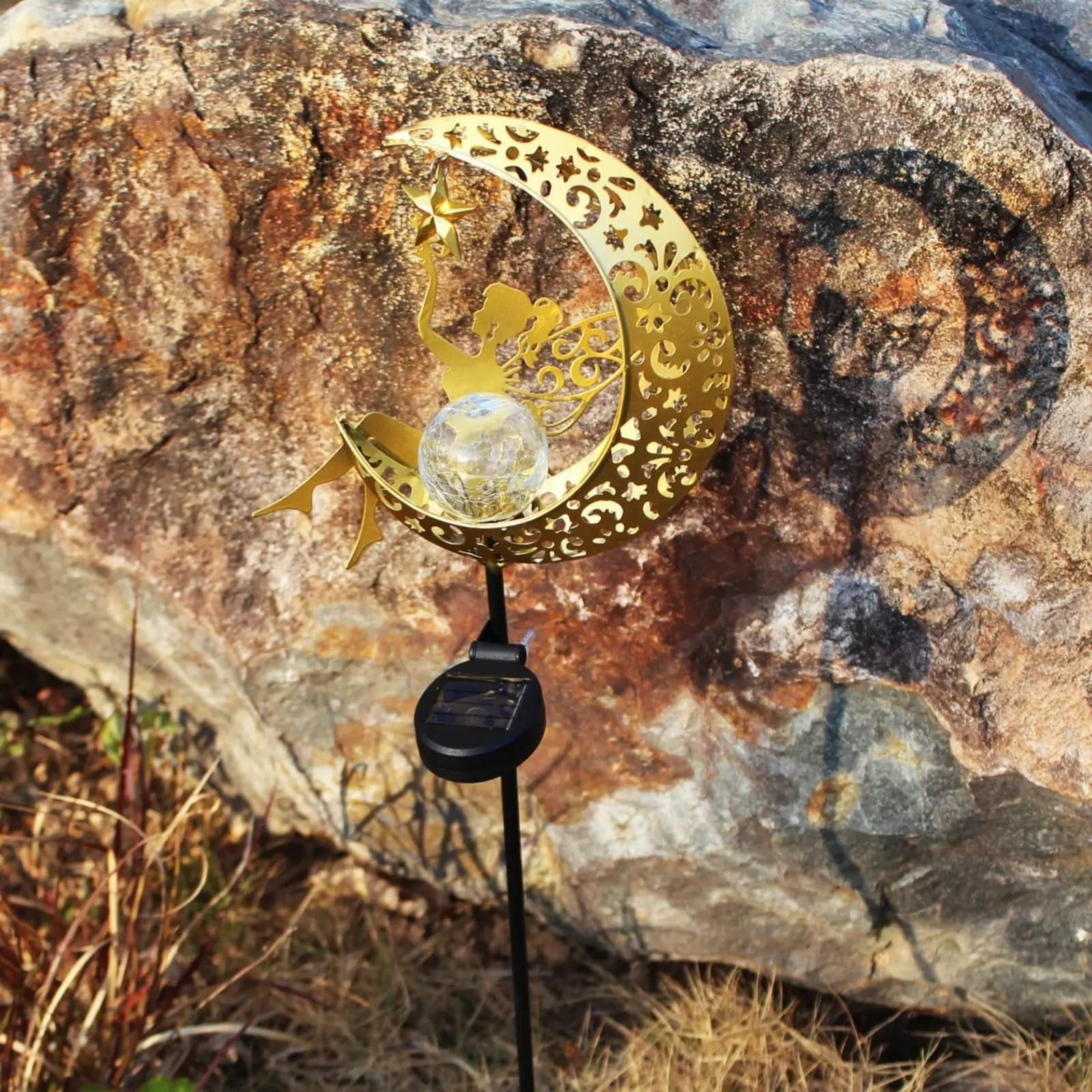 Lampada Solare Decorativa a Forma di Luna in Vetro Craquelé, Luce da Giardino a Energia Solare, Accensione/Spegnimento Automatico, Decorazione per Esterni Resistente alle Intemperie