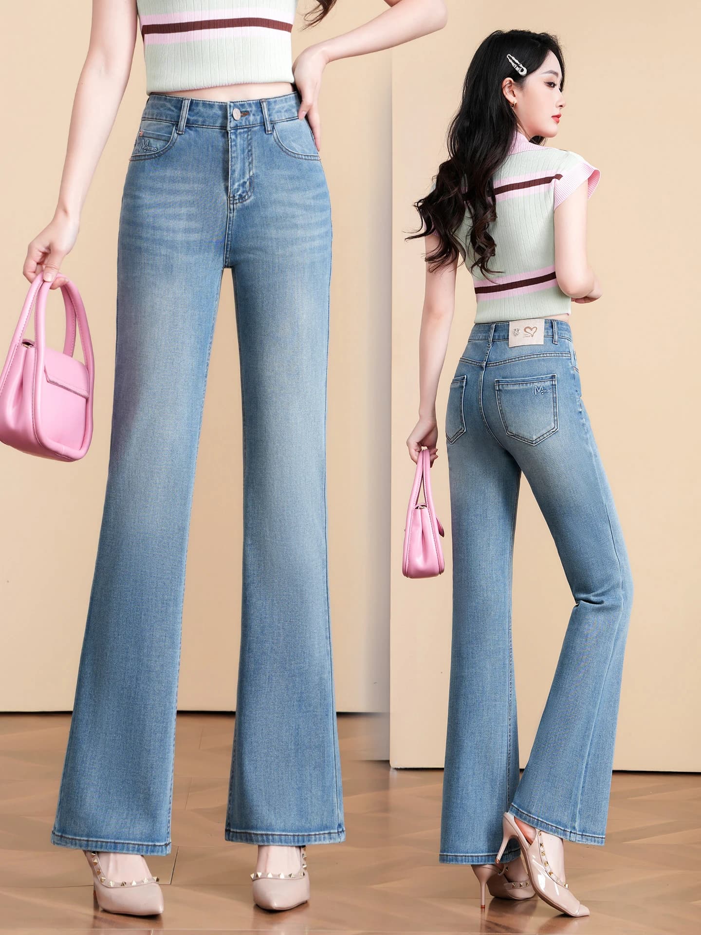 Jeans a Zampa d'Elefante a Vita Alta Blu Chiaro da Donna, Nuova Collezione Primavera Autunno 2026, Taglie Piccole, Gamba Dritta Effetto Snellente, Stile Casual