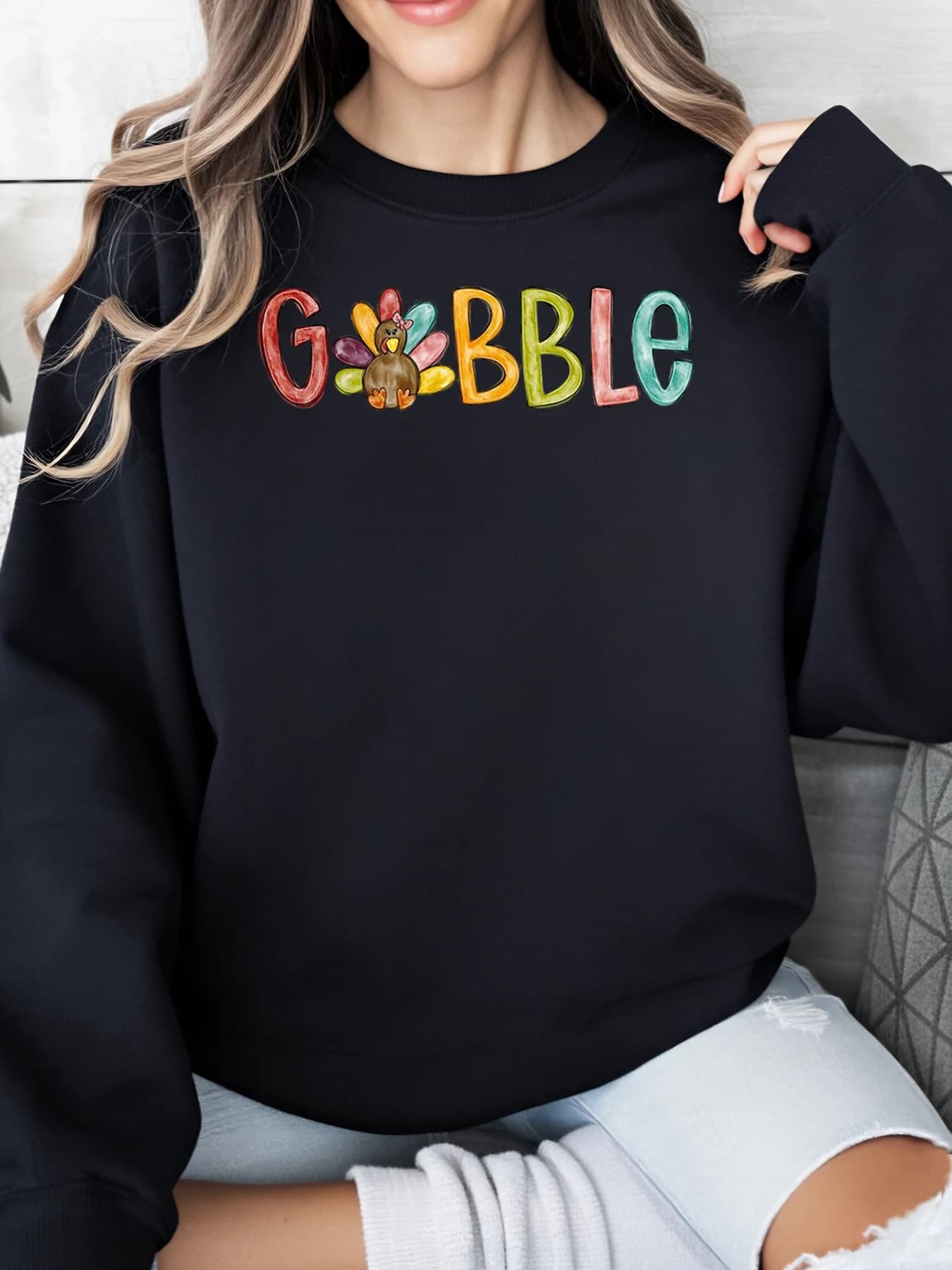 Thanksgiving sweatshirt with Turkey print Women's vest Casual Autumn Winter Wearing Black Plus Sizes