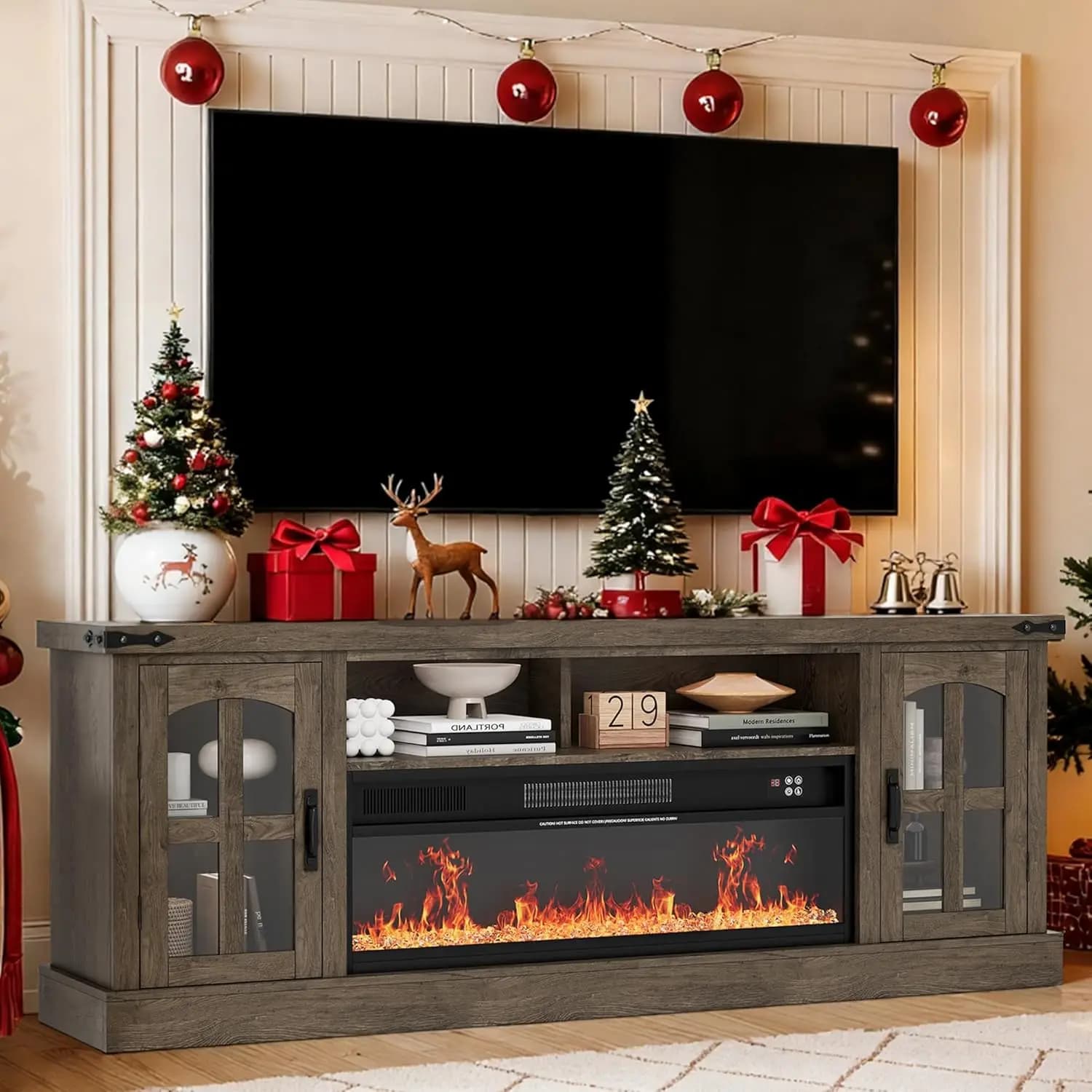 Farmhouse Entertainment Center 71 Inch Electric Fireplace LED Lights Customizable up to 80 Inch TVs Stand Wood TV Console