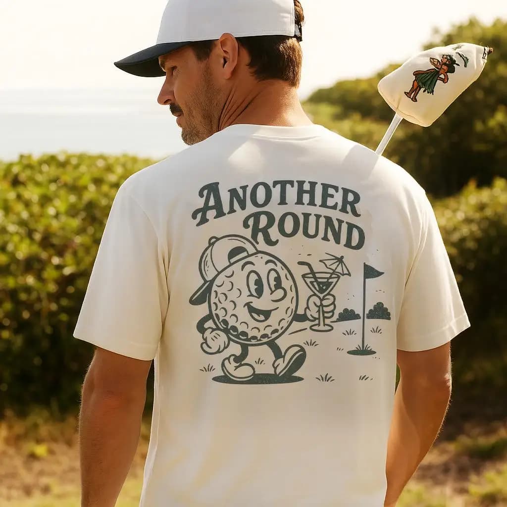 Illustrazione in bianco e nero di una maglietta da uomo stampata da golf Un'altra lettera rotonda Grafica Abbigliamento da uomo T-shirt oversize