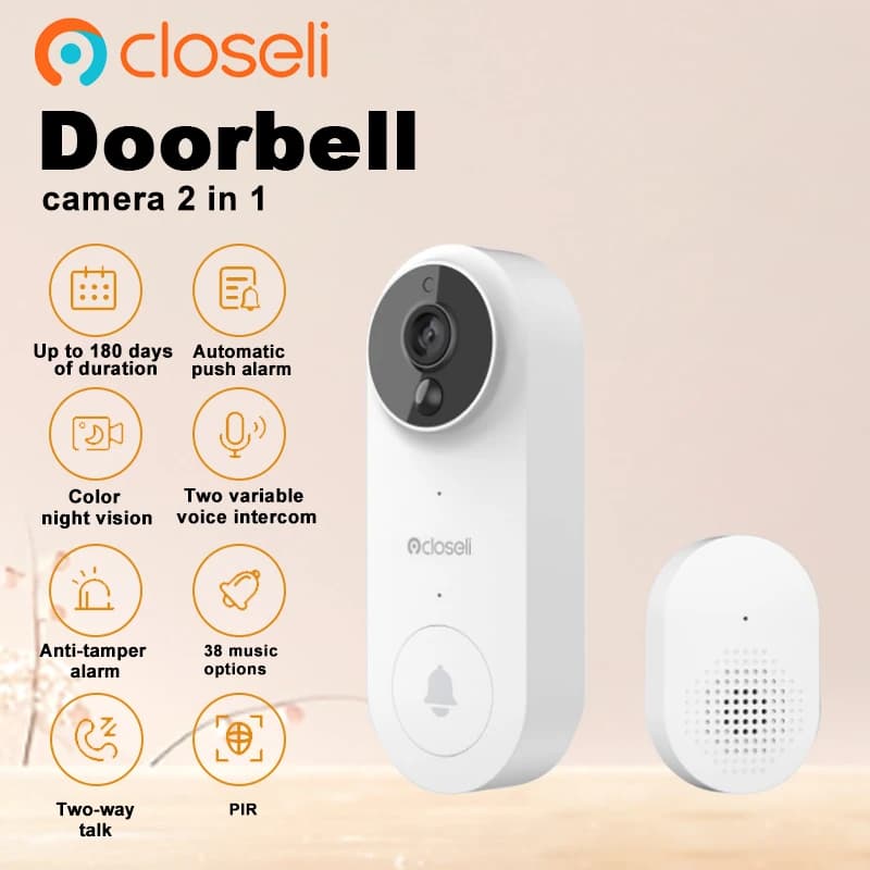 Closeli BR100PB2 Campanello 3.6MM Conversazione bidirezionale Due colori vocali variabili Visione notturna Allarme anti-manomissione PIR Tempo di standby lungo