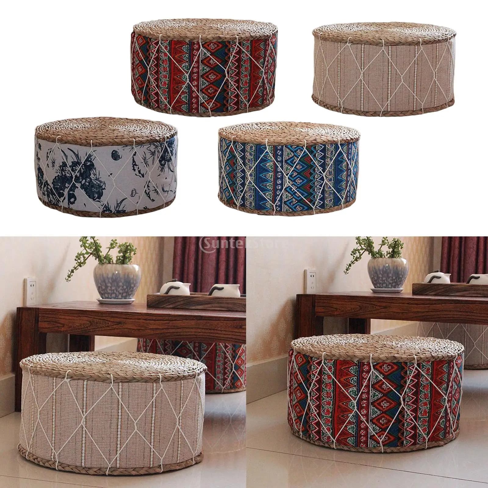 Pouf Futon in straw Floor cushion Braided straw pouf Bearing Tatami Zafu Floor cushion Mat Seats for meditation yoga Durable furniture