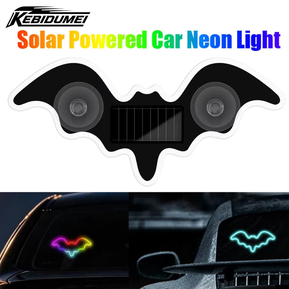 KEBIDUMEI Luce al Neon a Forma di Pipistrello per Auto, Alimentata a Energia Solare, Lampada LED RGB per Finestrino con Ventosa, Luci Ricaricabili a Effetto Respirazione, Accessori Auto