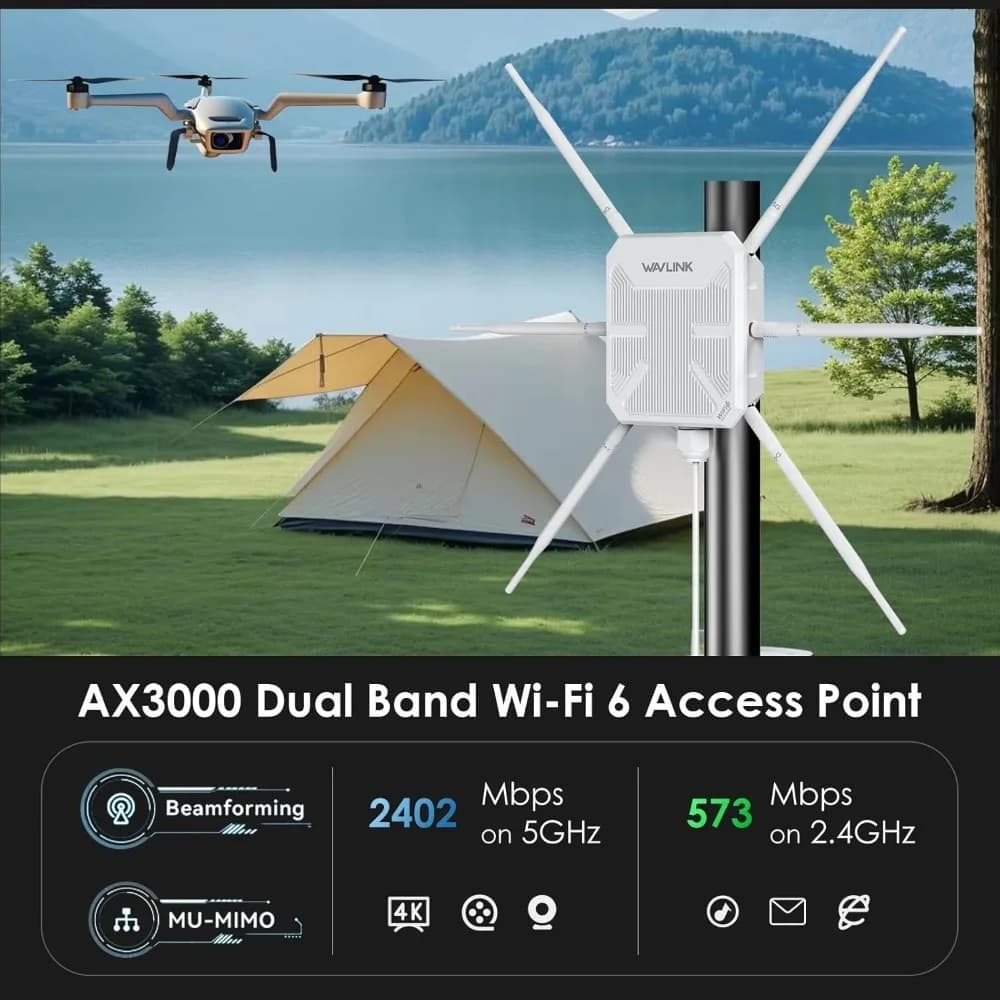 Estensore WiFi 6 da esterno 2025 AX3000, ripetitore WiFi a lungo raggio/punto di accesso con doppia banda/PoE/IP67 impermeabile/6 antenne 7dBi