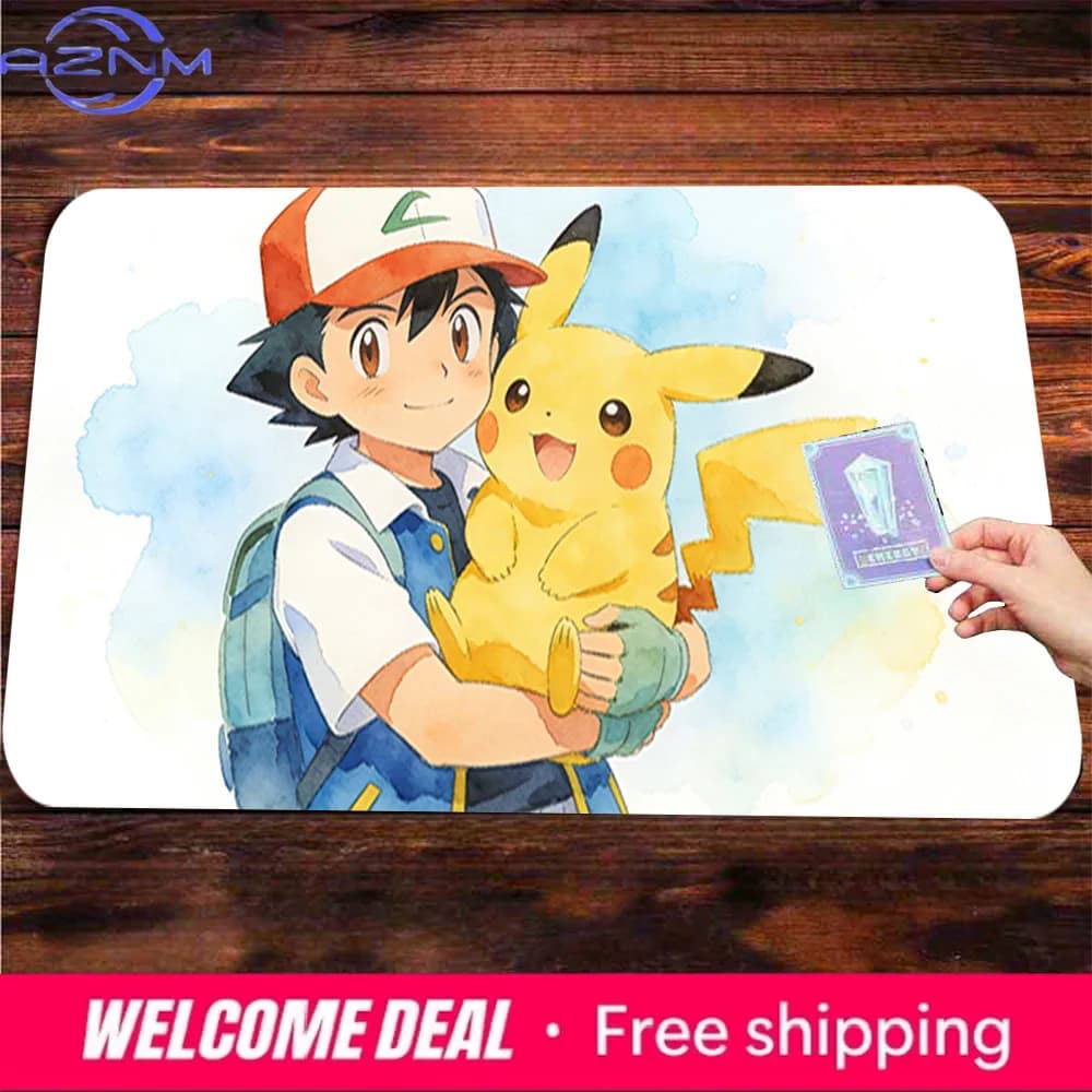 Tappetino per mouse da gioco in stile acquerello Pokemon Ash & Pikachu, tappetino da scrivania antiscivolo