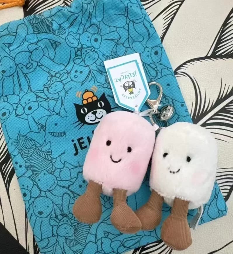 Nuovo Portachiavi Peluche JC Edizione Limitata Primavera: Marshmallow Bicolore, Ciliegia, Bustina di Tè, Croissant, Trifoglio, Coniglietto, Fiore