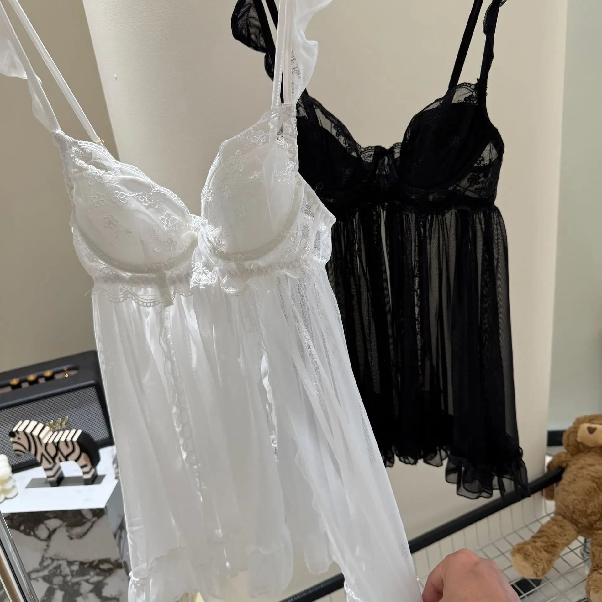 Elegante abito da notte femminile Set Accappatoio in rete Camicia da notte Camicia da notte sexy in pizzo Indumenti da notte Abbigliamento estivo per la casa