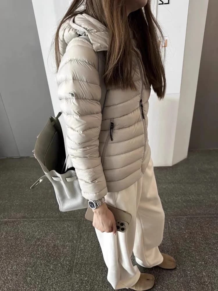 EXJR Grey Quilted down Jacket Women's Slim Fit Long Sleeve Warmth Outdoor Coat 90% White Duck down Filling Casual Style