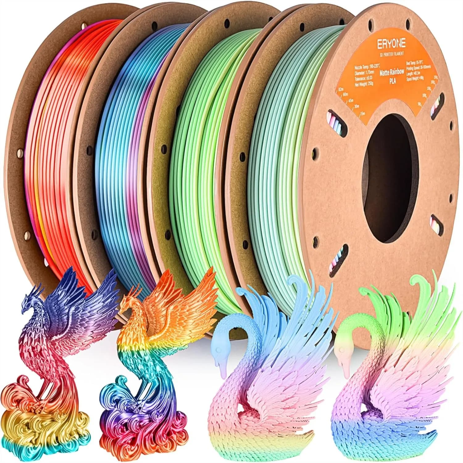 Set di Filamenti PLA Arcobaleno, 1.75mm +/-0.03 mm, 4 Confezioni da 0.25kg Ciascuna, Colori Opachi e Setosi per Stampanti 3D