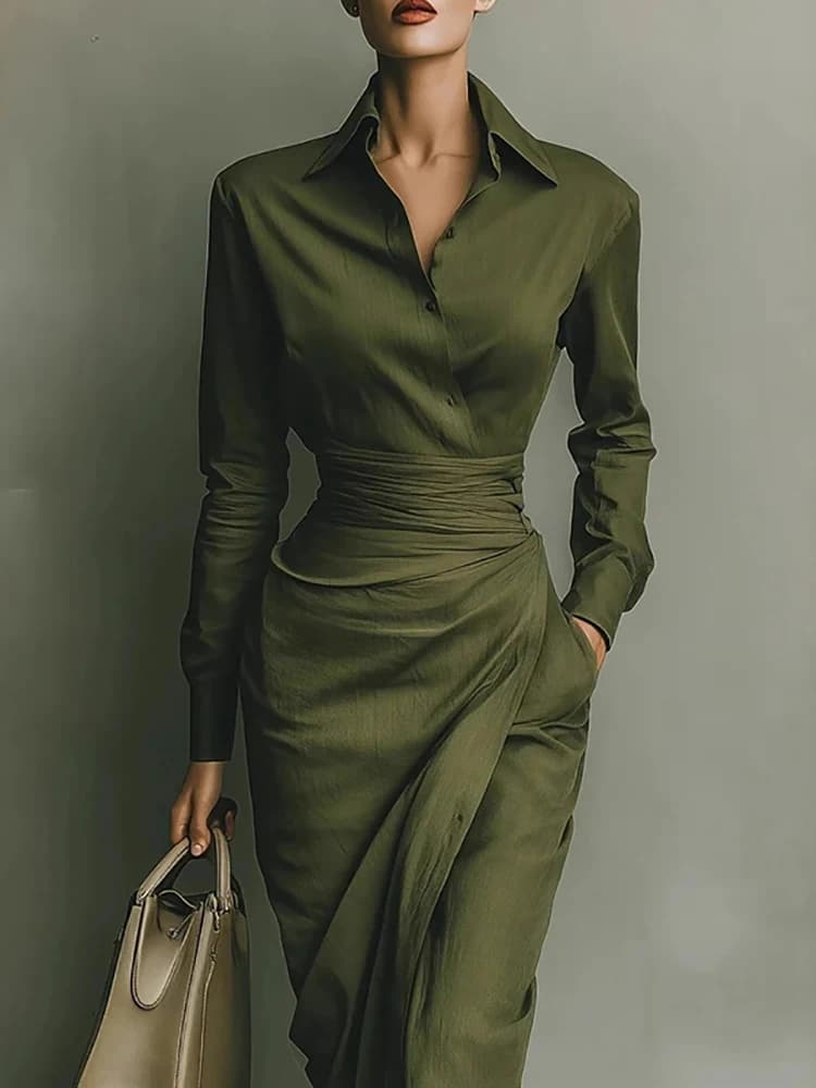Elegante Abito Midi da Donna con Colletto Asimmetrico Verde, Maniche Lunghe Arricciate, Tasche, Stile Britannico per l'Ufficio
