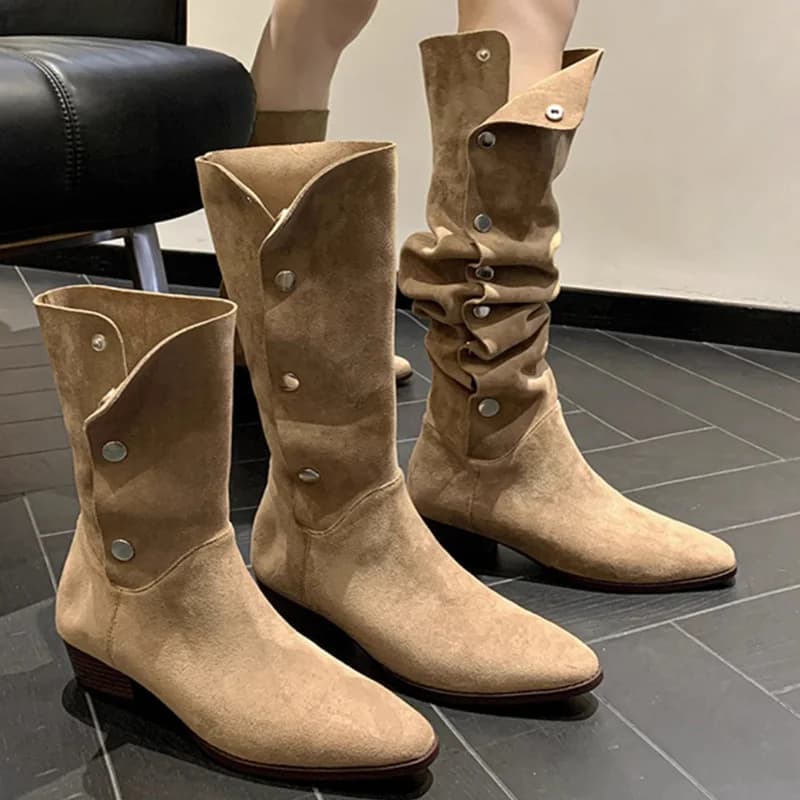 Scarpe da donna 2025 autunno e inverno nuovo stile cavaliere da cowboy occidentale a tubo centrale senza stivali al ginocchio stivali a tubo lungo