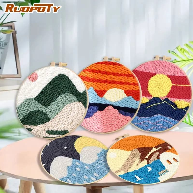 RUOPOTY Sunset Diy Needle Punch Kit Home Decoration Diy Craft Kits For Adults Landscape Monks Cloth For Punch Needle Wall Art Cr