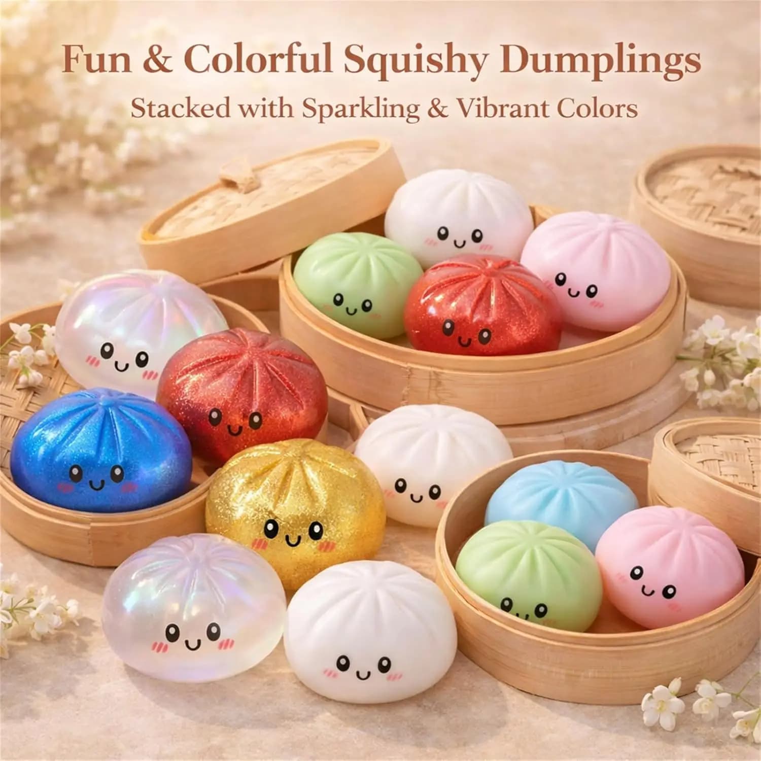 Giocattolo Antistress Squishy a Forma di Raviolo con Glitter e Scatola Vaporizzatore, Regalo per Bambini e Feste