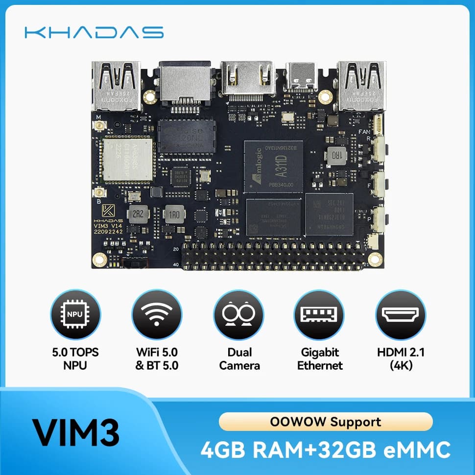 Khadas VIM3 SBC: Soc Amlogic A311D da 12 nm con NPU 5.0 TOPS | 4 GB + 32 GB (modello Pro)
