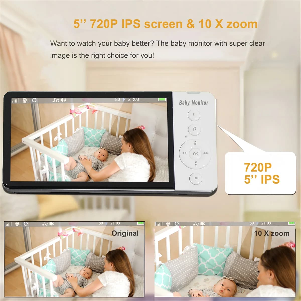 Schermo IPS da 5 pollici 720p Wireless PTZ Interfono Baby Monitor Rilevamento del pianto Piano di alimentazione BabySitter Nanny Camera Scatta foto e video