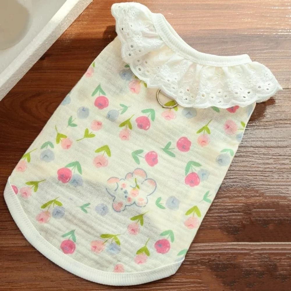 Fashion Cartoon Print Lace Collar Dog Vest Thin Breathable Summer Pet Clothes with D-Ring Soft Dogs Short Sleeve Daily Wear