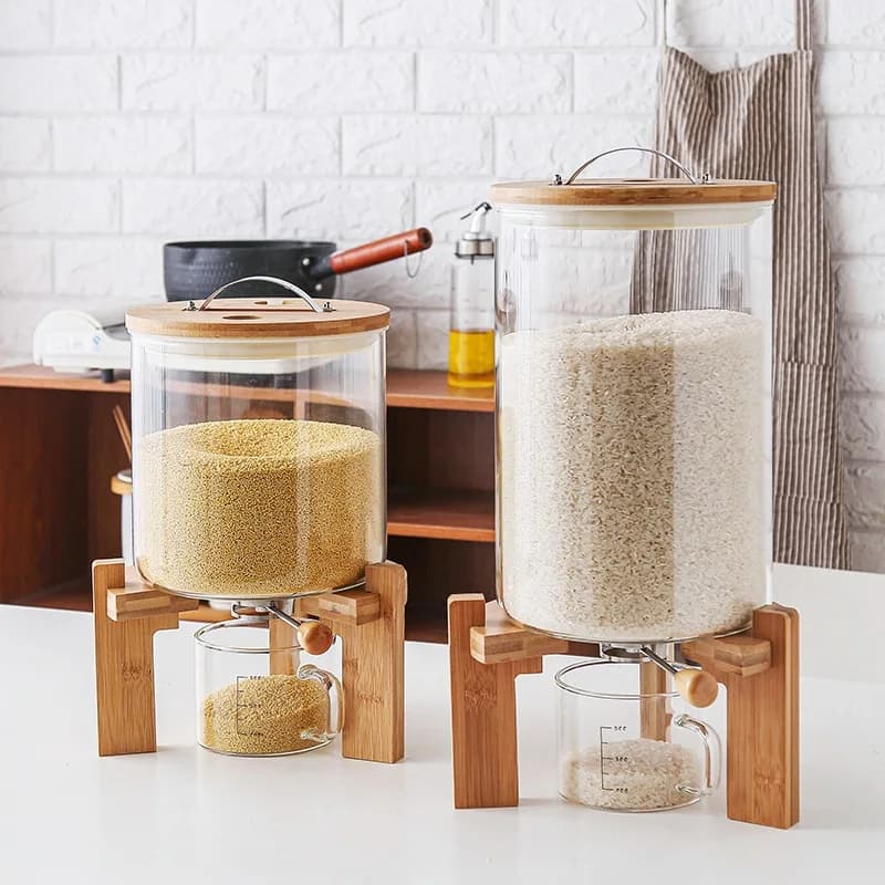 Dispenser di riso in barattolo di vetro per riso da cucina fatto a mano ad alto contenuto di borosilicato con tazza di vetro