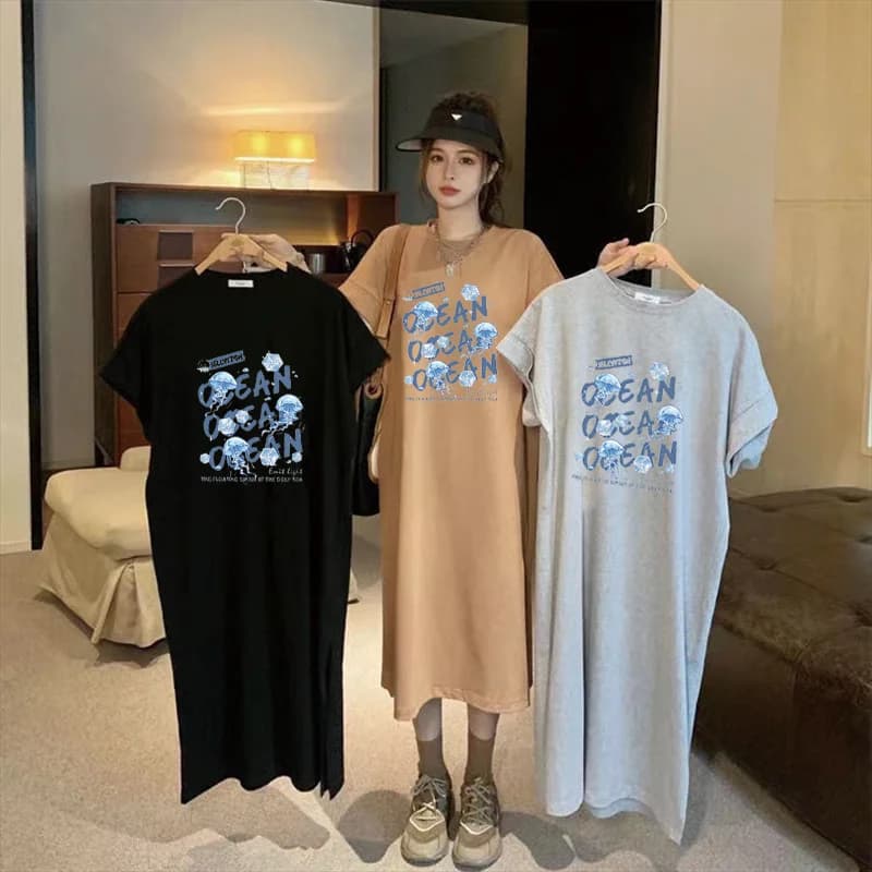 Women's Summer New Fashion Short-sleeved T-shirt Long Skirt Makes You Look Slim and Loose Large Size Lazy Summer Clothes