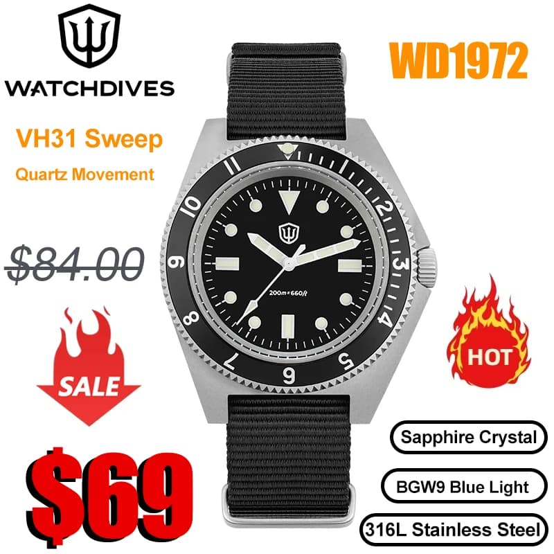 Watchdives WD1972 Quartz watch VH31 Sweep Seconds Movement Sapphire Crystal BGW9 Luminous 20Bar Waterproof Vintage Men's Watches