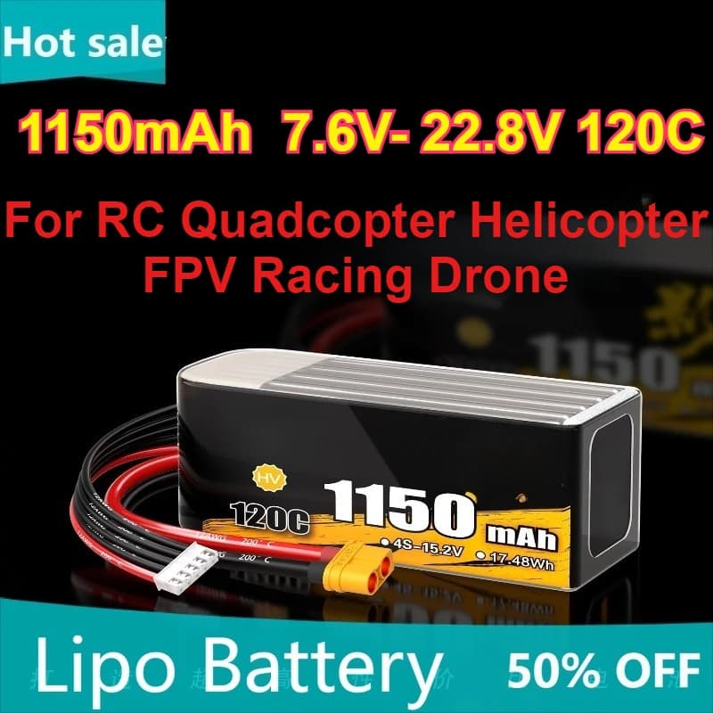 Batteria LiPo 1150mAh 6S 7.6V 22.8V 120C per pezzi di ricambio per droni da corsa RC Quadcopter elicottero FPV