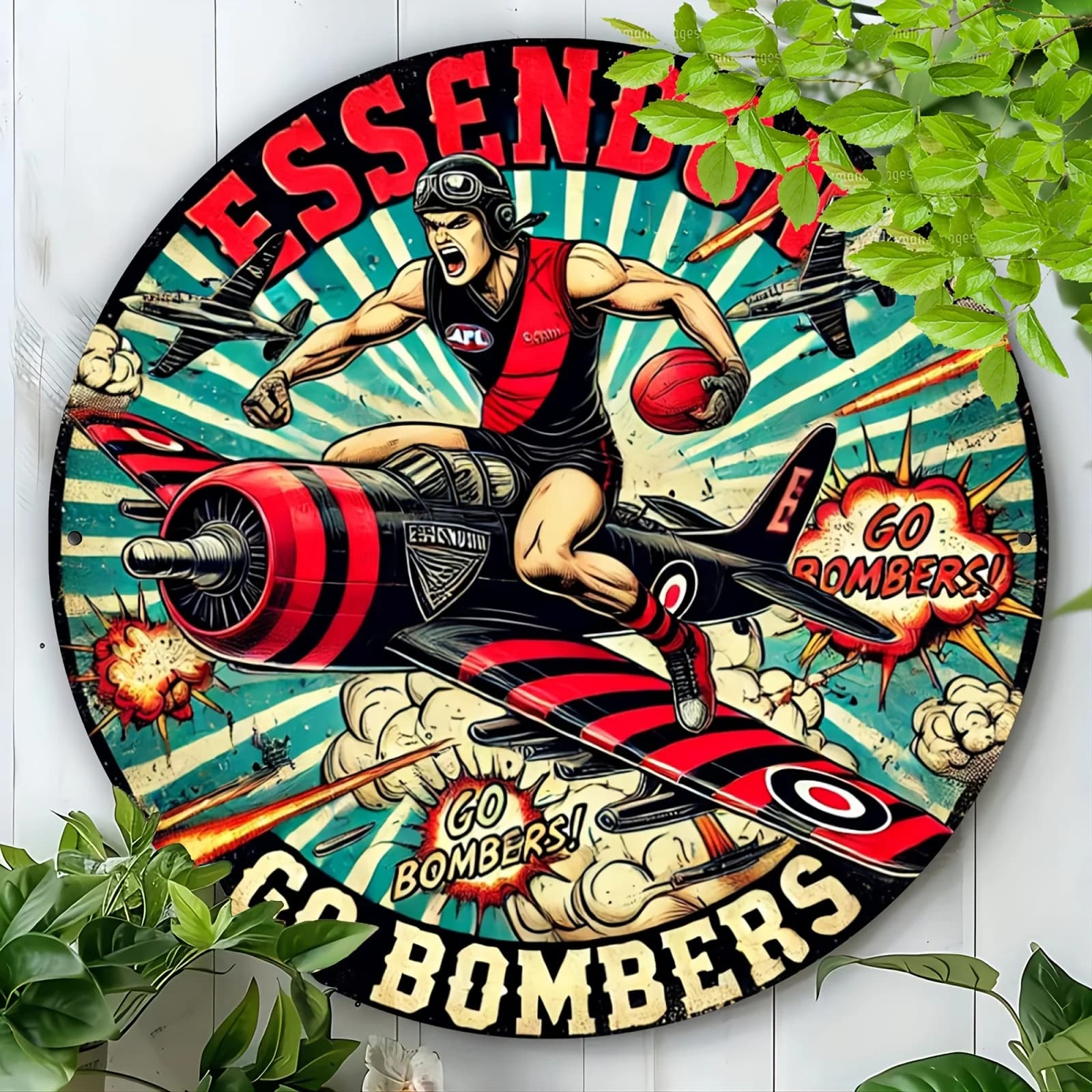 Targa rotonda in metallo Essendon Bombers da 1 pezzo - Arte da parete in alluminio in stile vintage con design dinamico di giocatore di calcio e aereo