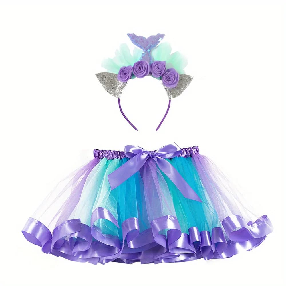 Set 2 Pezzi per Bambina: Fascia per Capelli a Tema Sirena e Gonna Tutu in Rete, Lunghezza Gonna 30cm con Fodera, Ideale per Spettacoli di Danza e Feste