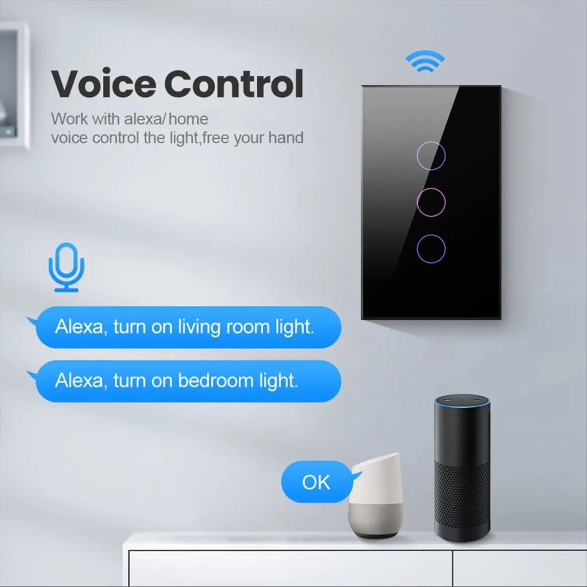 Interruttore a Muro WiFi Intelligente Doings, 3 Gang, Sensore Touch, Interruttori LED Smart, Controllo Casa Intelligente Alexa Google Home, Bianco, Spina USA