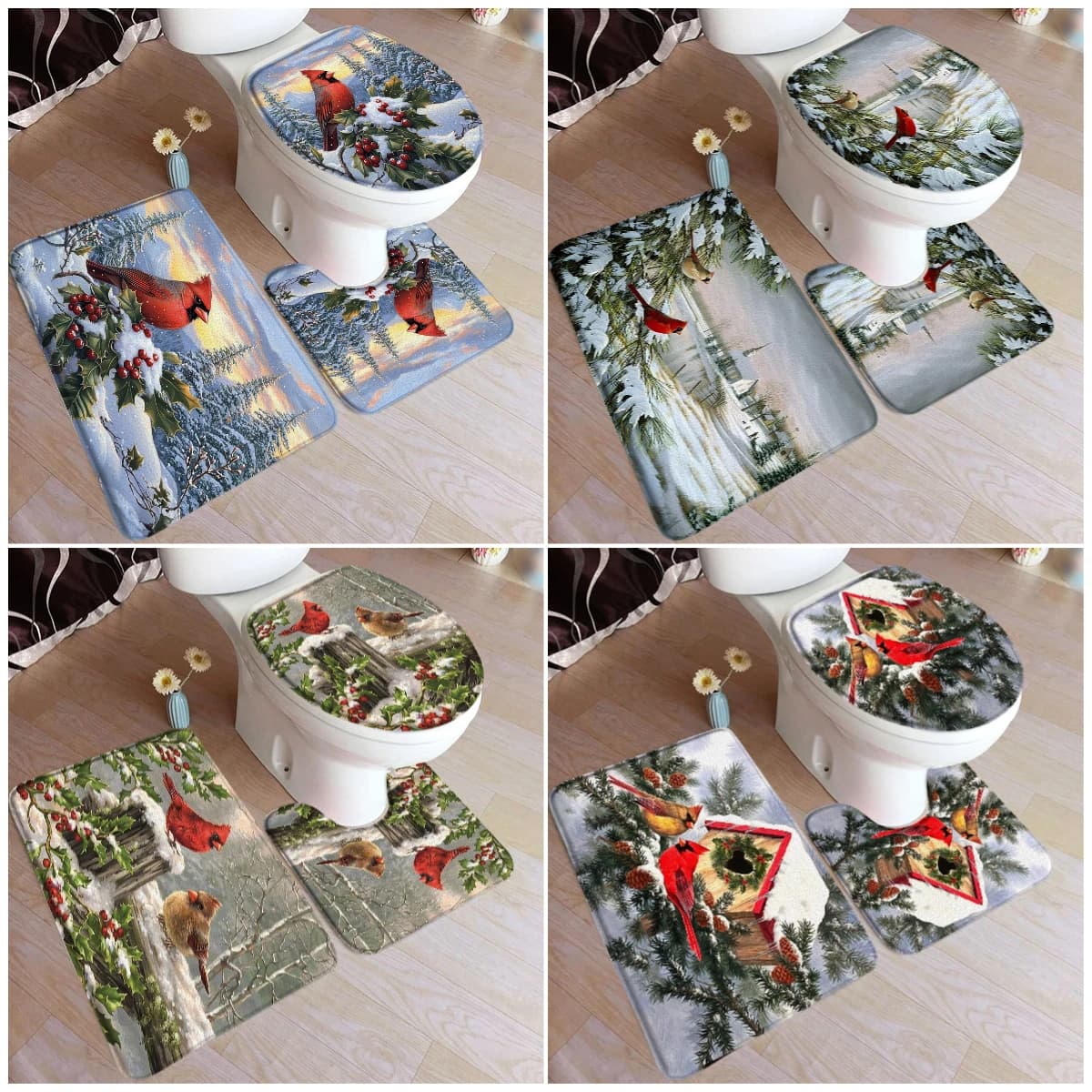 Set di tappetini da bagno per uccelli rossi invernali Set di bacche di cedro Paesaggio di foresta di neve Flanella Decorazioni per il bagno di casa Tappeto antiscivolo Tappetini a U Copri coperchio per WC
