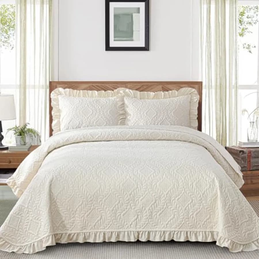 Set di biancheria da letto trapuntata, copriletto leggero e morbido con volant, trapuntato a trama a cesto, coperta sottile, copriletto per