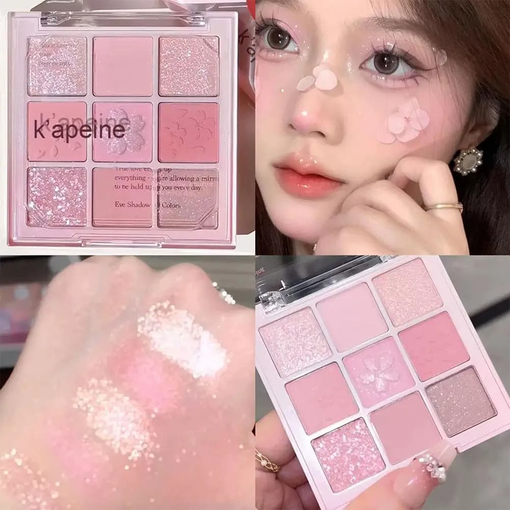 Palette Ombretti Nueve Colori Sakura, Glitter Peach Pearly, Ombretto Nude a Lunga Durata, Palette Trucco Occhi Coreana Affascinante