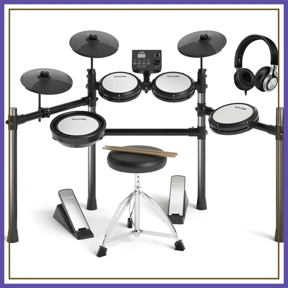 Batteria Elettronica con Pad in Mesh per Principianti, 15 Kit 195 Suoni, USB MIDI, Include Sgabello, Cuffie, Bacchette