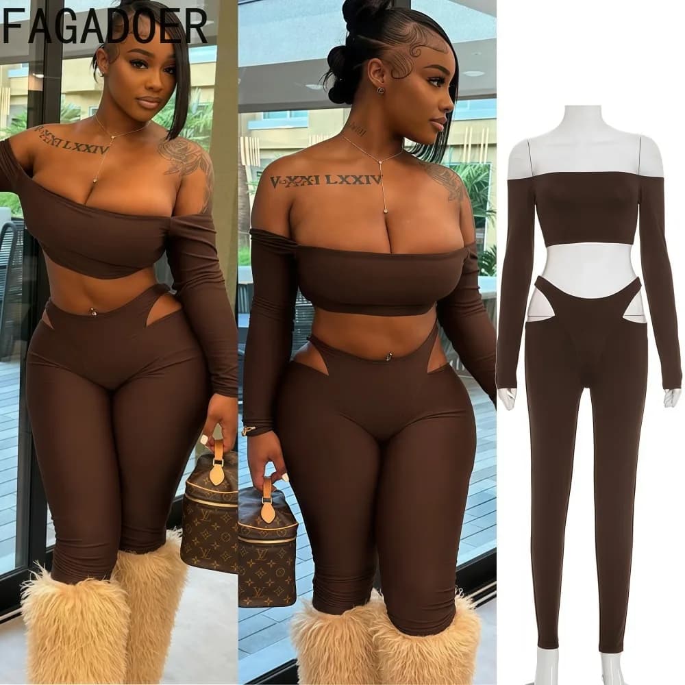 FAGADOER Sexy Hollow-out 2 Pieces Set for Woman Outfits Solid Color Off Showlder Crop Top+Skiny Pants Matching Female Streetwear