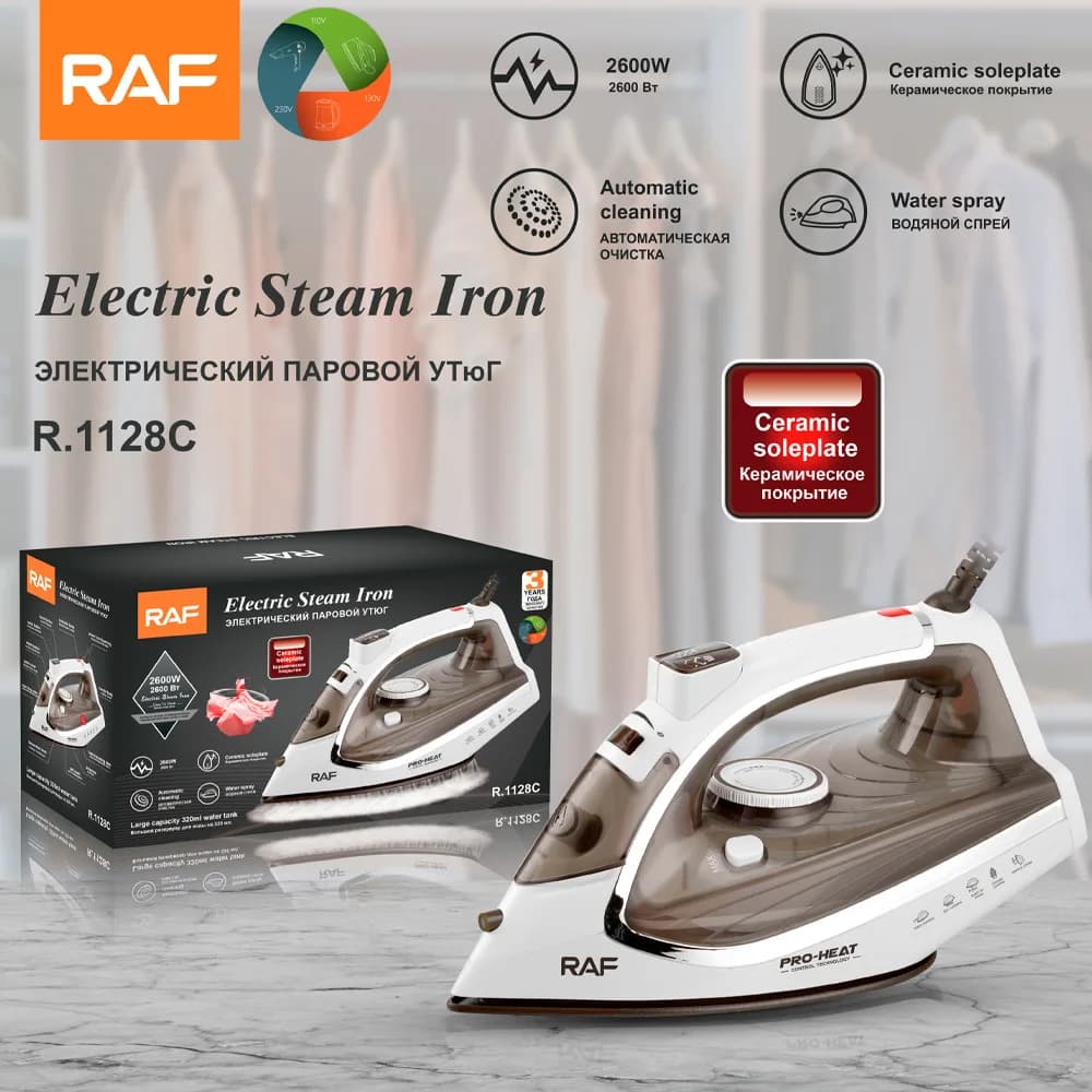 Ferro da stiro a vapore elettrico RAF 2600W Ferro da stiro portatile a vapore per vestiti Spray d'acqua, pulizia automatica, piastra in ceramica 220-240V