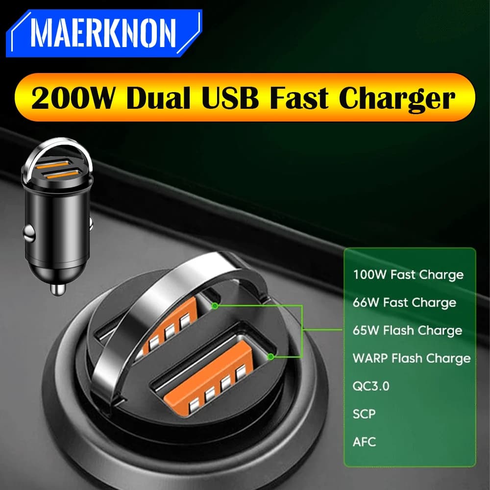 200 W Dual USB Fast Charging Cell Phone Car Charger for iPhone 16 Xiaomi 15 Huawei Samsung Smart Fast Charger